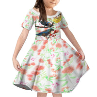 New Zealand Pohutukawa Tui Bird Kid Short Sleeve Dress Kowhai Version LT03 KID White - Polynesian Pride