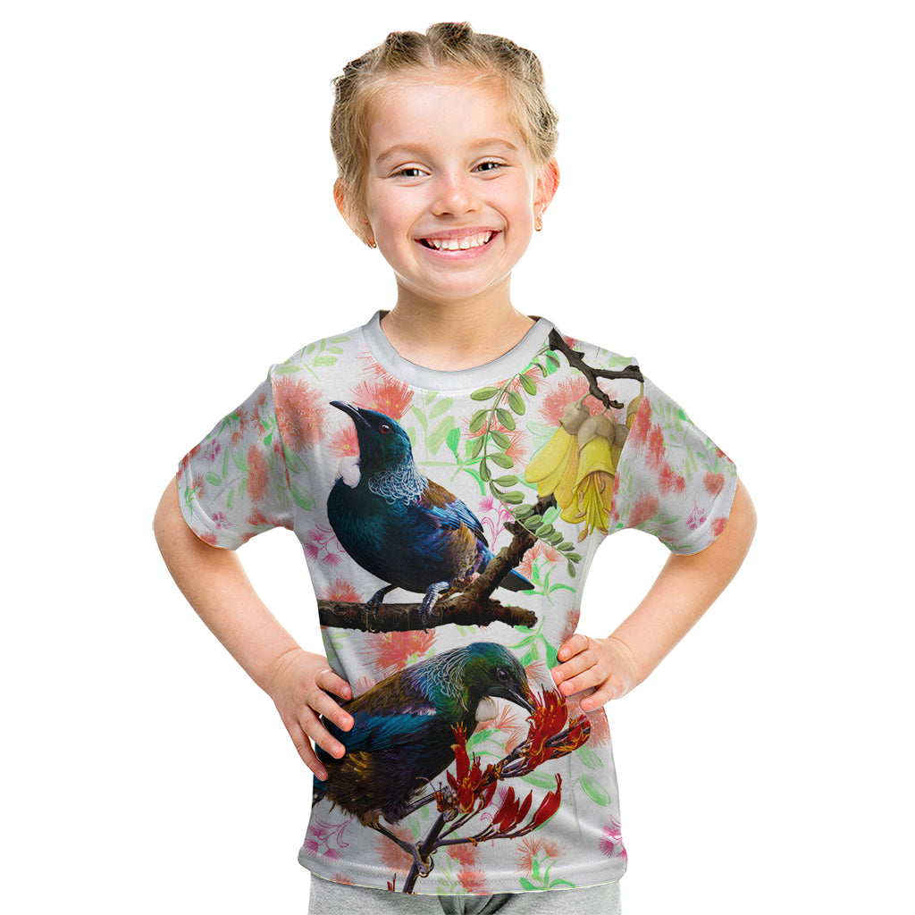 New Zealand Pohutukawa Tui Bird Kid T Shirt Kowhai Version LT03 White - Polynesian Pride