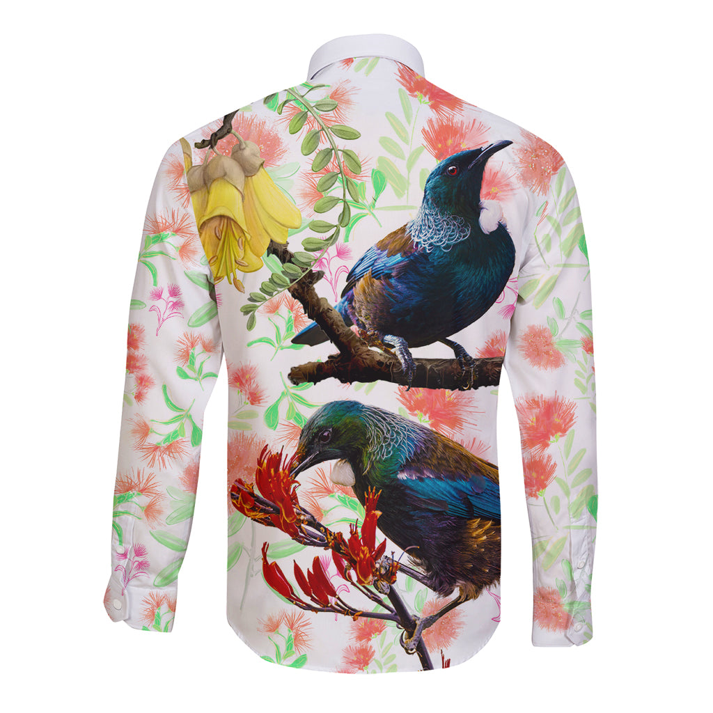 New Zealand Pohutukawa Tui Bird Long Sleeve Button Shirt Kowhai Version LT03 - Polynesian Pride