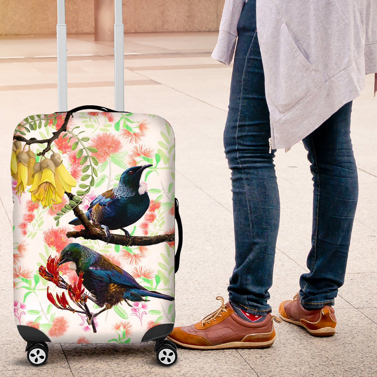 New Zealand Pohutukawa Tui Bird Luggage Cover Kowhai Version LT03 White - Polynesian Pride