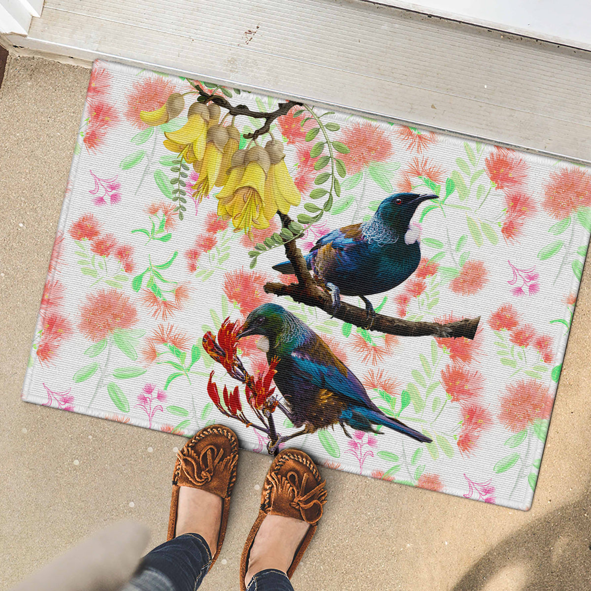 New Zealand Pohutukawa Tui Bird Rubber Doormat Kowhai Version LT03 - Polynesian Pride