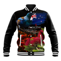 New Zealand ANZAC Day Baseball Jacket Pohutukawa Flower and Tui Bird LT03 Unisex Black - Polynesian Pride