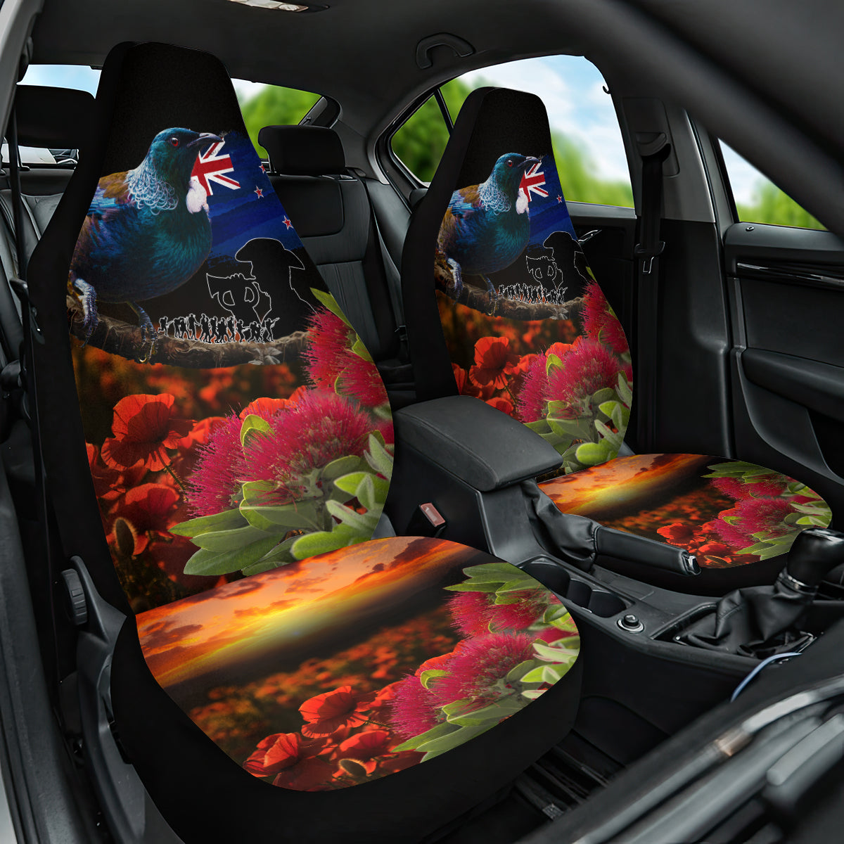 New Zealand ANZAC Day Car Seat Cover Pohutukawa Flower and Tui Bird LT03 One Size Black - Polynesian Pride