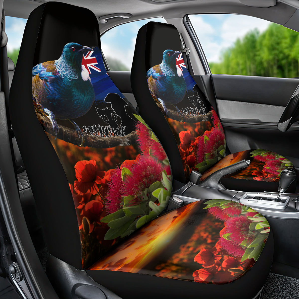 New Zealand ANZAC Day Car Seat Cover Pohutukawa Flower and Tui Bird LT03 - Polynesian Pride