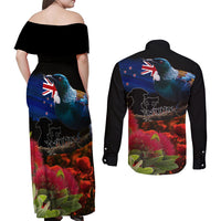 New Zealand ANZAC Day Couples Matching Off Shoulder Maxi Dress and Long Sleeve Button Shirt Pohutukawa Flower and Tui Bird LT03 - Polynesian Pride
