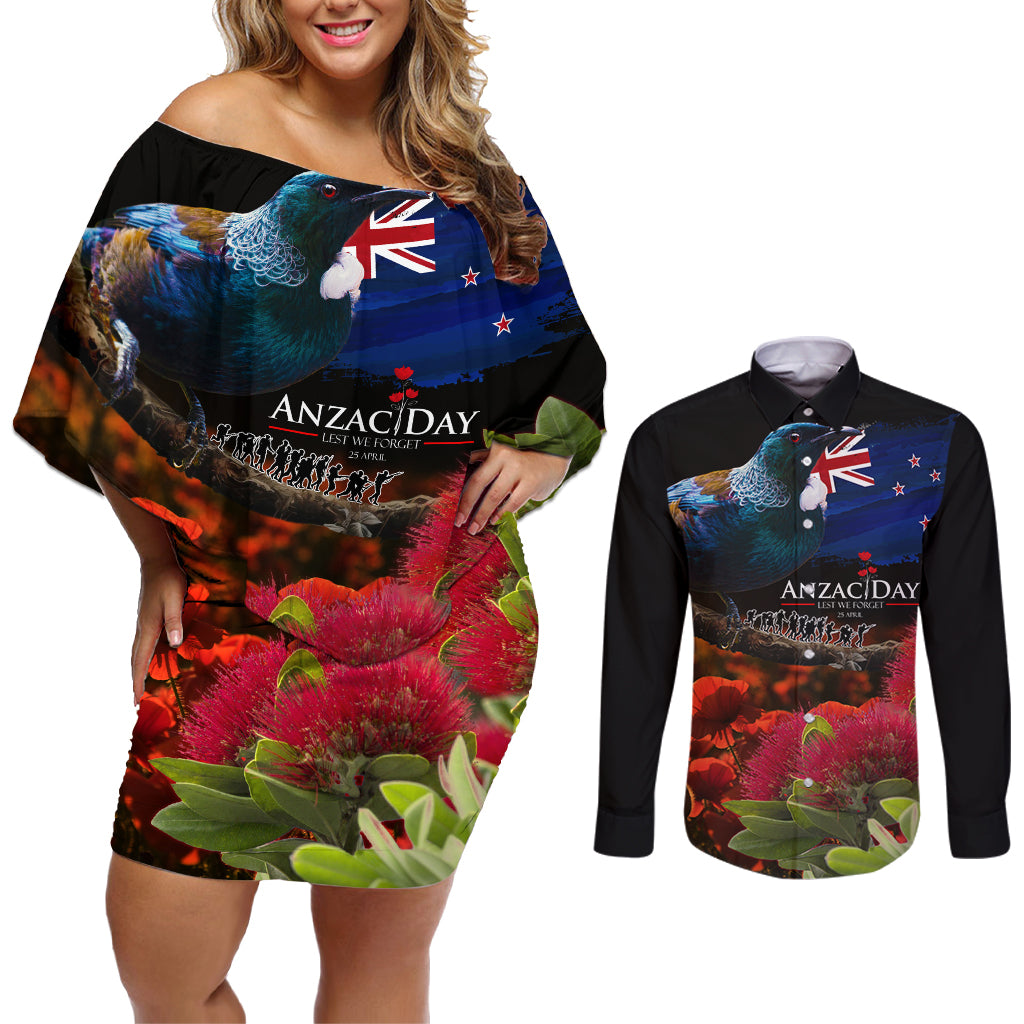 New Zealand ANZAC Day Couples Matching Off Shoulder Short Dress and Long Sleeve Button Shirt Pohutukawa Flower and Tui Bird LT03 Black - Polynesian Pride