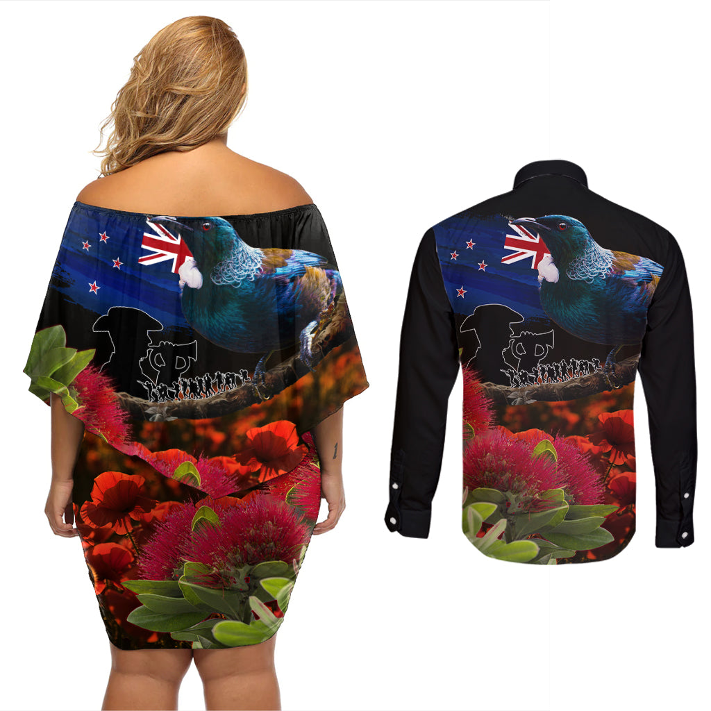 New Zealand ANZAC Day Couples Matching Off Shoulder Short Dress and Long Sleeve Button Shirt Pohutukawa Flower and Tui Bird LT03 - Polynesian Pride