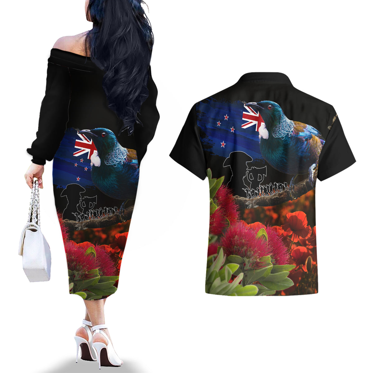 New Zealand ANZAC Day Couples Matching Off The Shoulder Long Sleeve Dress and Hawaiian Shirt Pohutukawa Flower and Tui Bird LT03 - Polynesian Pride