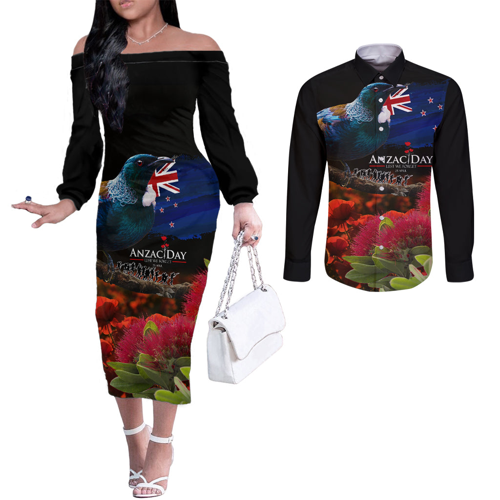 New Zealand ANZAC Day Couples Matching Off The Shoulder Long Sleeve Dress and Long Sleeve Button Shirt Pohutukawa Flower and Tui Bird LT03 Black - Polynesian Pride