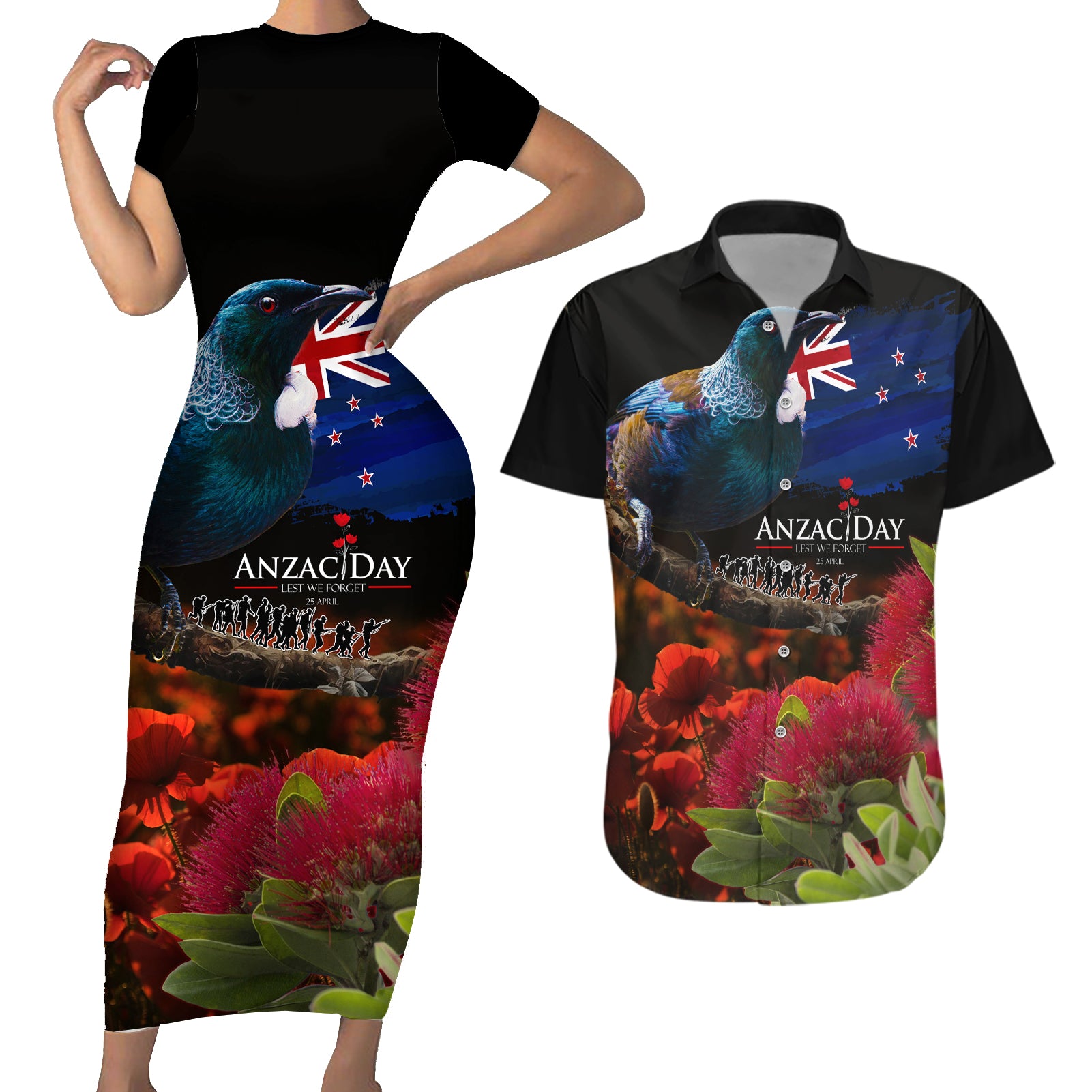 New Zealand ANZAC Day Couples Matching Short Sleeve Bodycon Dress and Hawaiian Shirt Pohutukawa Flower and Tui Bird LT03 Black - Polynesian Pride