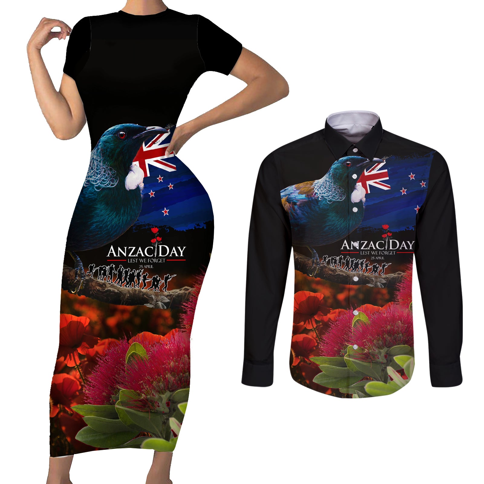 New Zealand ANZAC Day Couples Matching Short Sleeve Bodycon Dress and Long Sleeve Button Shirt Pohutukawa Flower and Tui Bird LT03 Black - Polynesian Pride