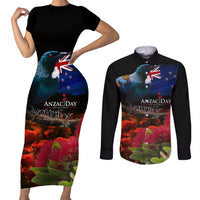 New Zealand ANZAC Day Couples Matching Short Sleeve Bodycon Dress and Long Sleeve Button Shirt Pohutukawa Flower and Tui Bird LT03 Black - Polynesian Pride