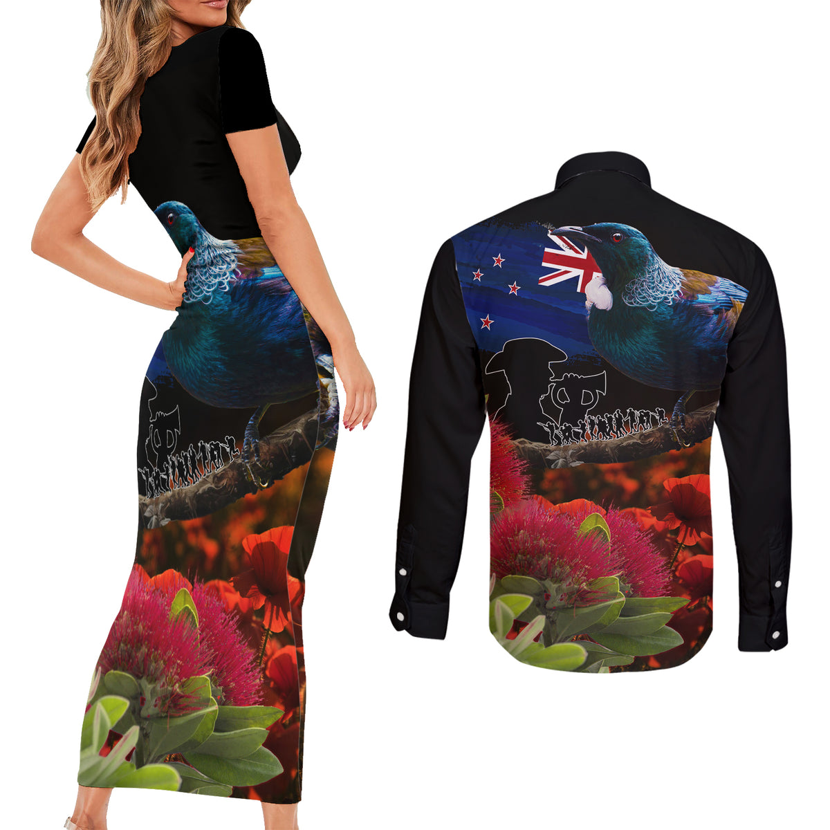 New Zealand ANZAC Day Couples Matching Short Sleeve Bodycon Dress and Long Sleeve Button Shirt Pohutukawa Flower and Tui Bird LT03 - Polynesian Pride