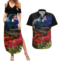 New Zealand ANZAC Day Couples Matching Summer Maxi Dress and Hawaiian Shirt Pohutukawa Flower and Tui Bird LT03 Black - Polynesian Pride