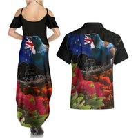 New Zealand ANZAC Day Couples Matching Summer Maxi Dress and Hawaiian Shirt Pohutukawa Flower and Tui Bird LT03 - Polynesian Pride
