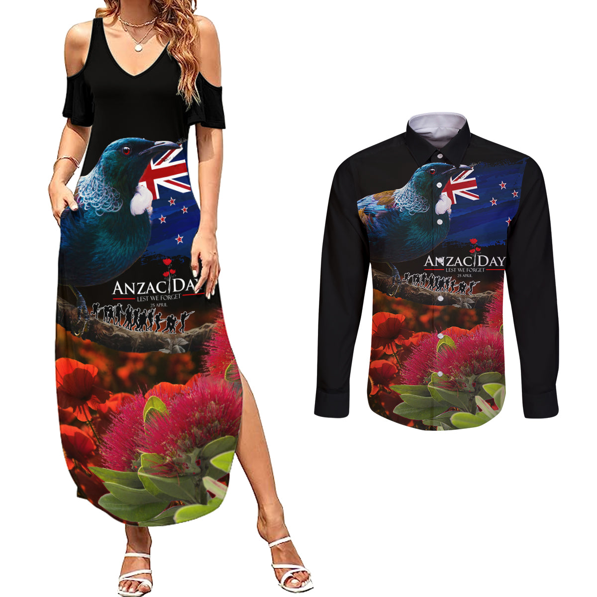 New Zealand ANZAC Day Couples Matching Summer Maxi Dress and Long Sleeve Button Shirt Pohutukawa Flower and Tui Bird LT03 Black - Polynesian Pride