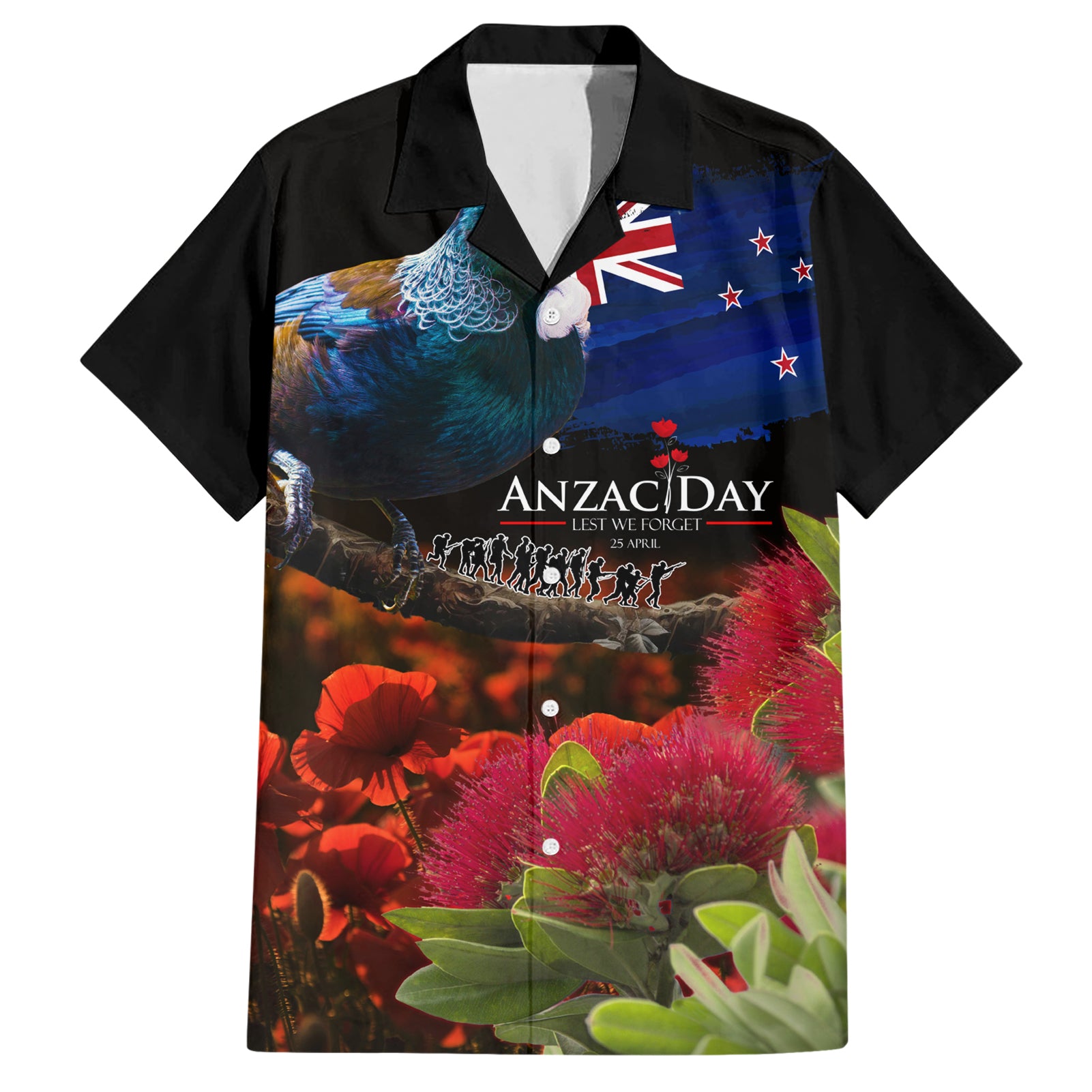 New Zealand ANZAC Day Hawaiian Shirt Pohutukawa Flower and Tui Bird LT03 Black - Polynesian Pride