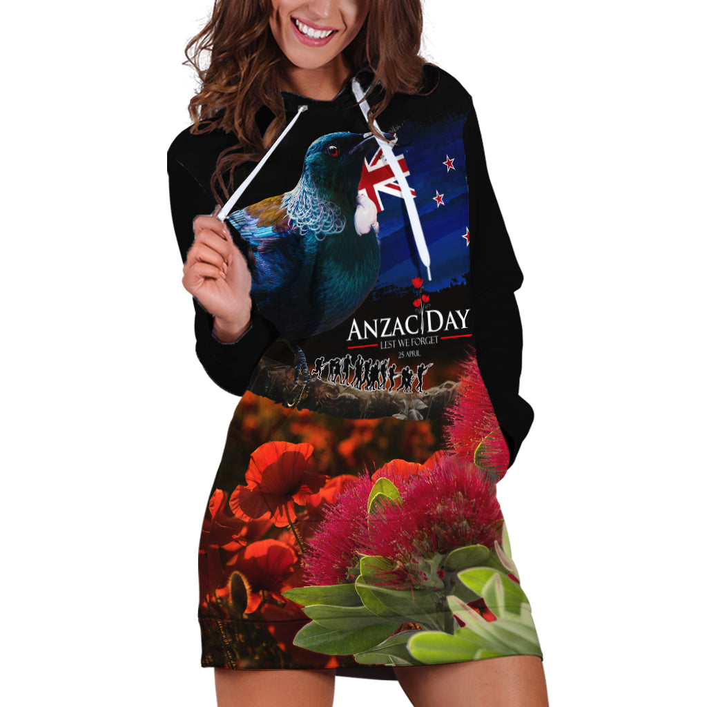 New Zealand ANZAC Day Hoodie Dress Pohutukawa Flower and Tui Bird LT03 Black - Polynesian Pride