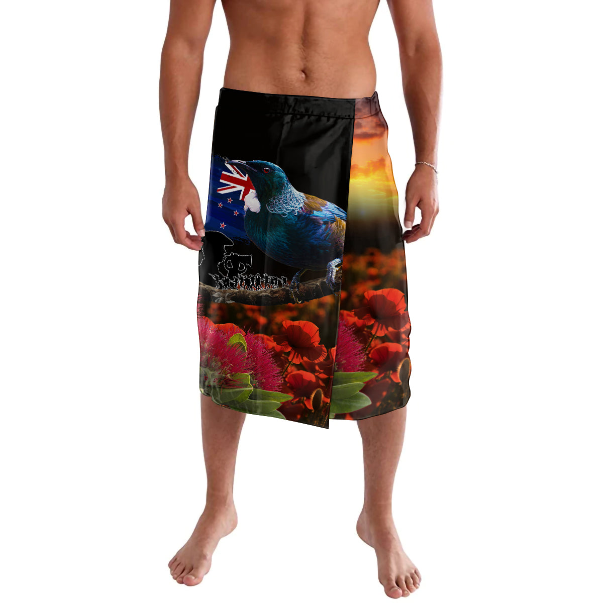 New Zealand ANZAC Day Lavalava Pohutukawa Flower and Tui Bird LT03 Black - Polynesian Pride