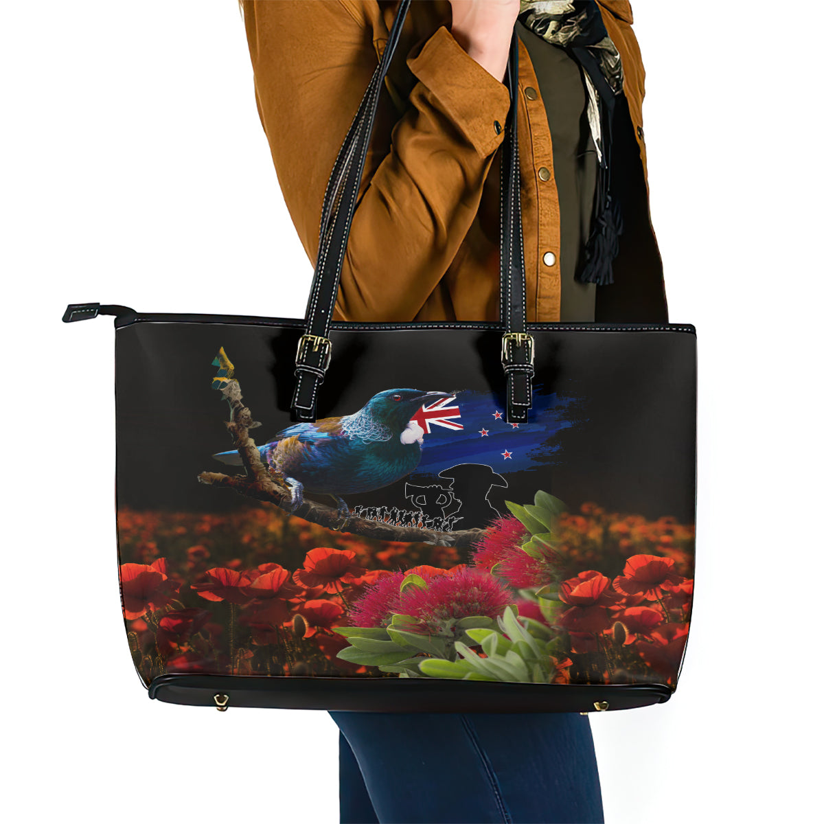 New Zealand ANZAC Day Leather Tote Bag Pohutukawa Flower and Tui Bird LT03 - Polynesian Pride