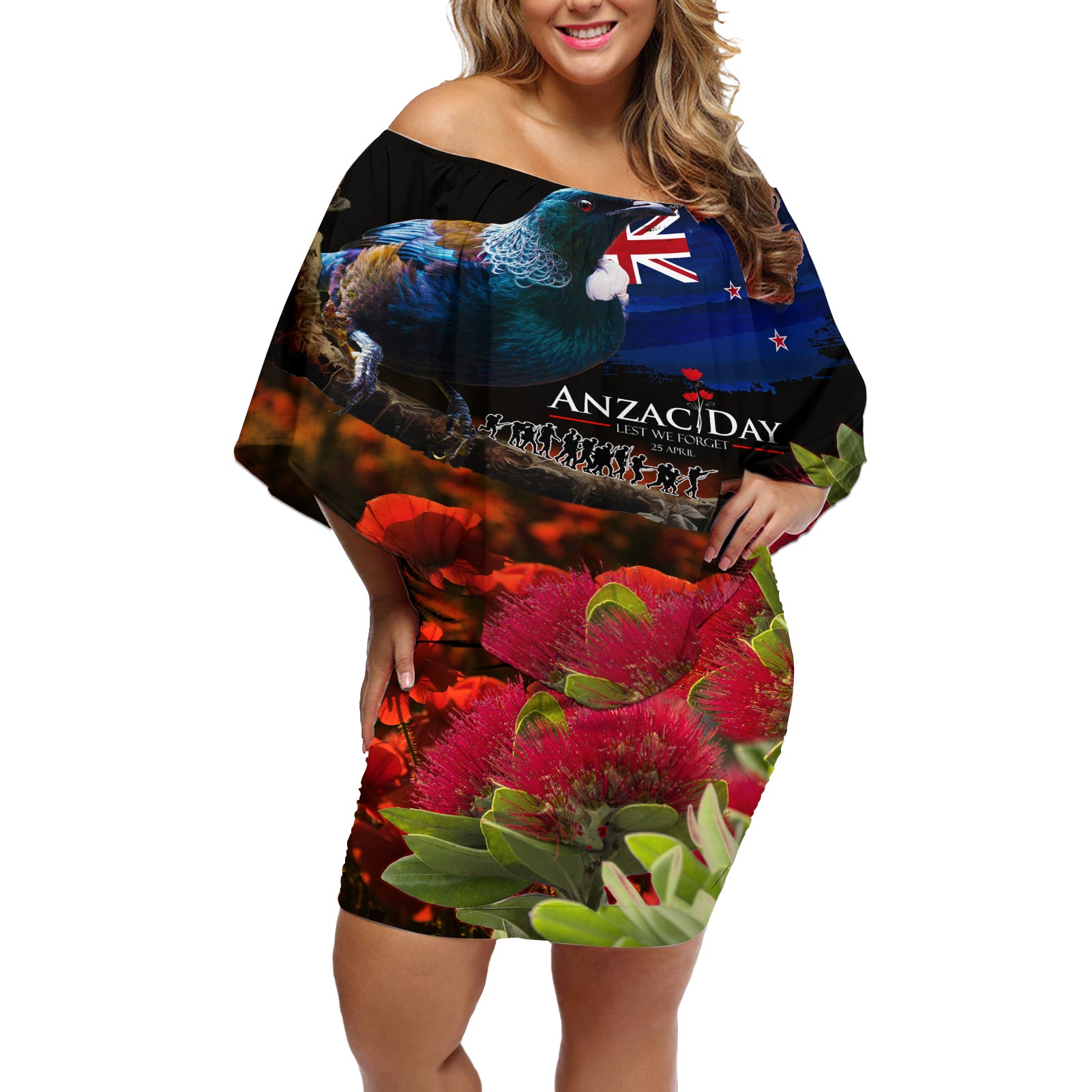 New Zealand ANZAC Day Off Shoulder Short Dress Pohutukawa Flower and Tui Bird LT03 Women Black - Polynesian Pride