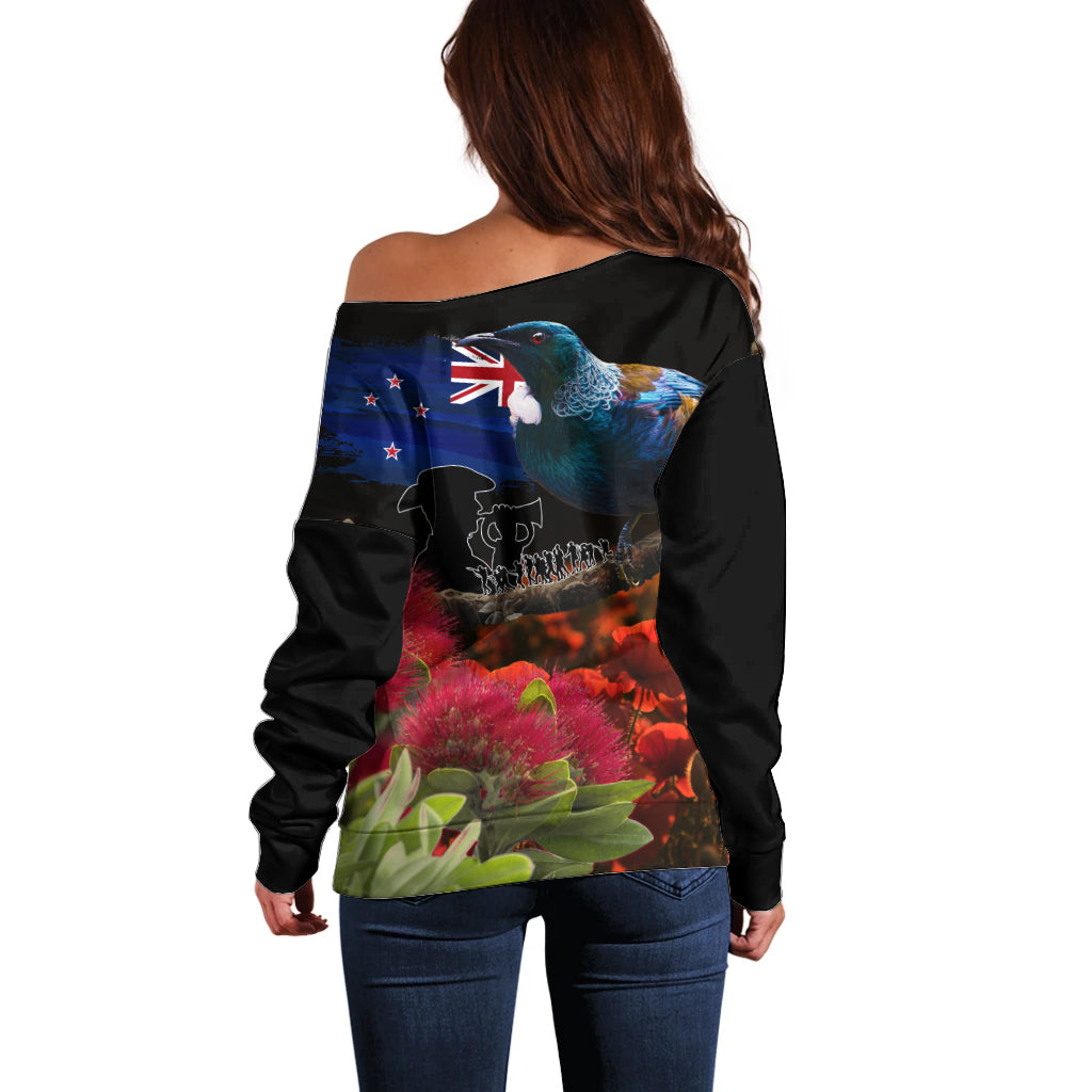 New Zealand ANZAC Day Off Shoulder Sweater Pohutukawa Flower and Tui Bird LT03 - Polynesian Pride