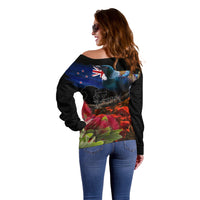 New Zealand ANZAC Day Off Shoulder Sweater Pohutukawa Flower and Tui Bird LT03 - Polynesian Pride