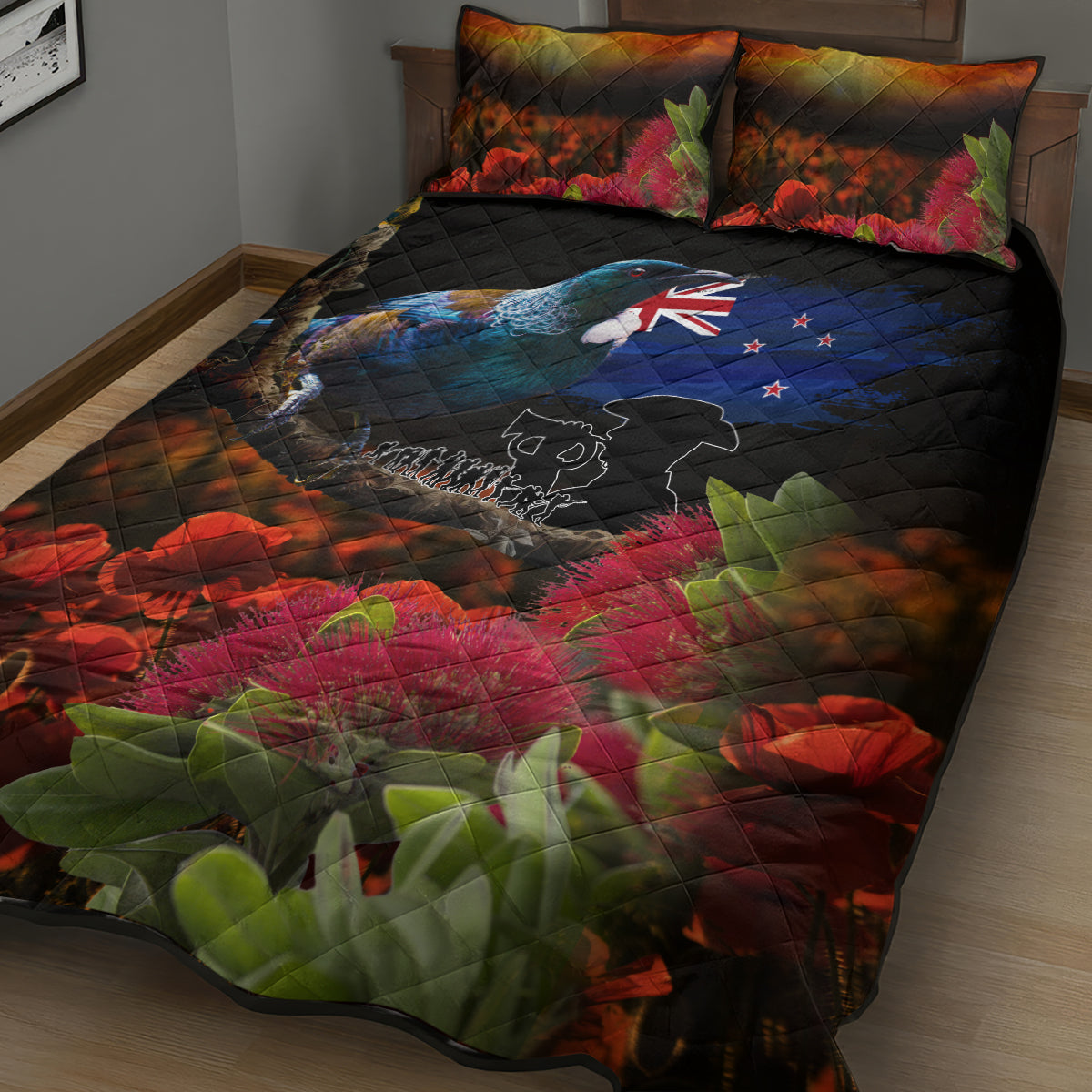 New Zealand ANZAC Day Quilt Bed Set Pohutukawa Flower and Tui Bird LT03 - Polynesian Pride