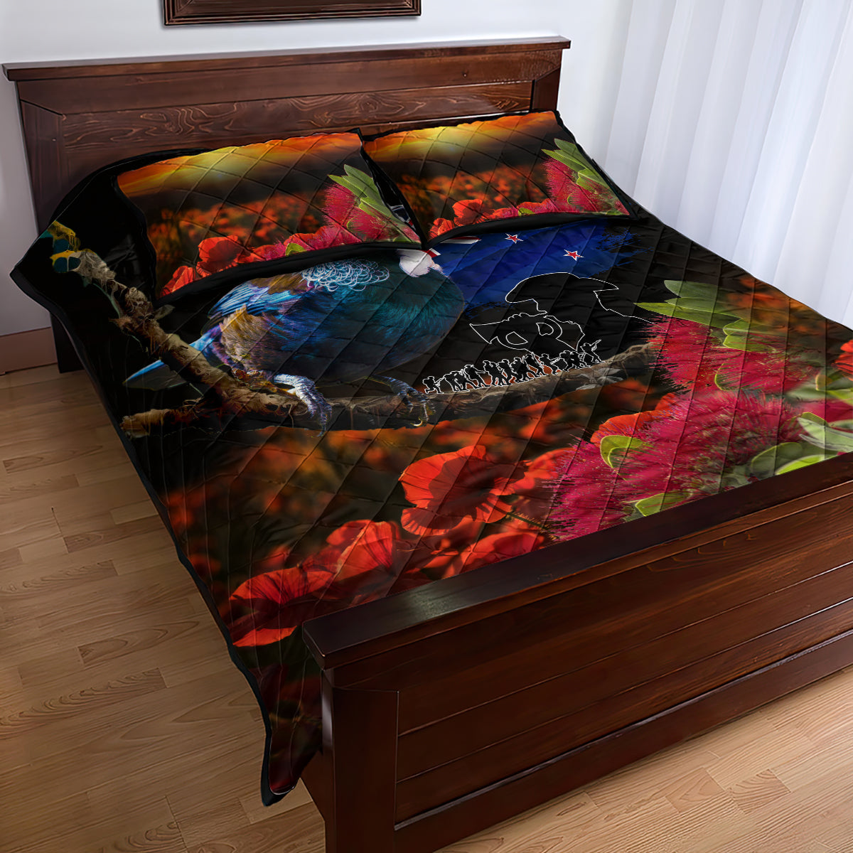 New Zealand ANZAC Day Quilt Bed Set Pohutukawa Flower and Tui Bird LT03 - Polynesian Pride