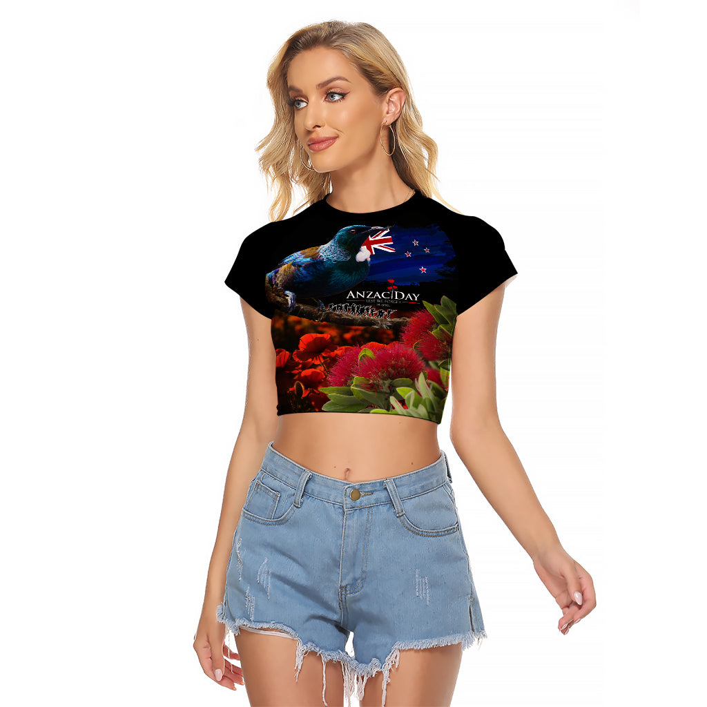 New Zealand ANZAC Day Raglan Cropped T Shirt Pohutukawa Flower and Tui Bird LT03 Female Black - Polynesian Pride