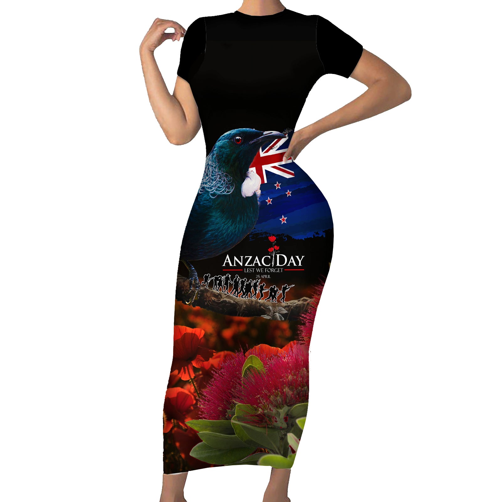 New Zealand ANZAC Day Short Sleeve Bodycon Dress Pohutukawa Flower and Tui Bird LT03 Long Dress Black - Polynesian Pride
