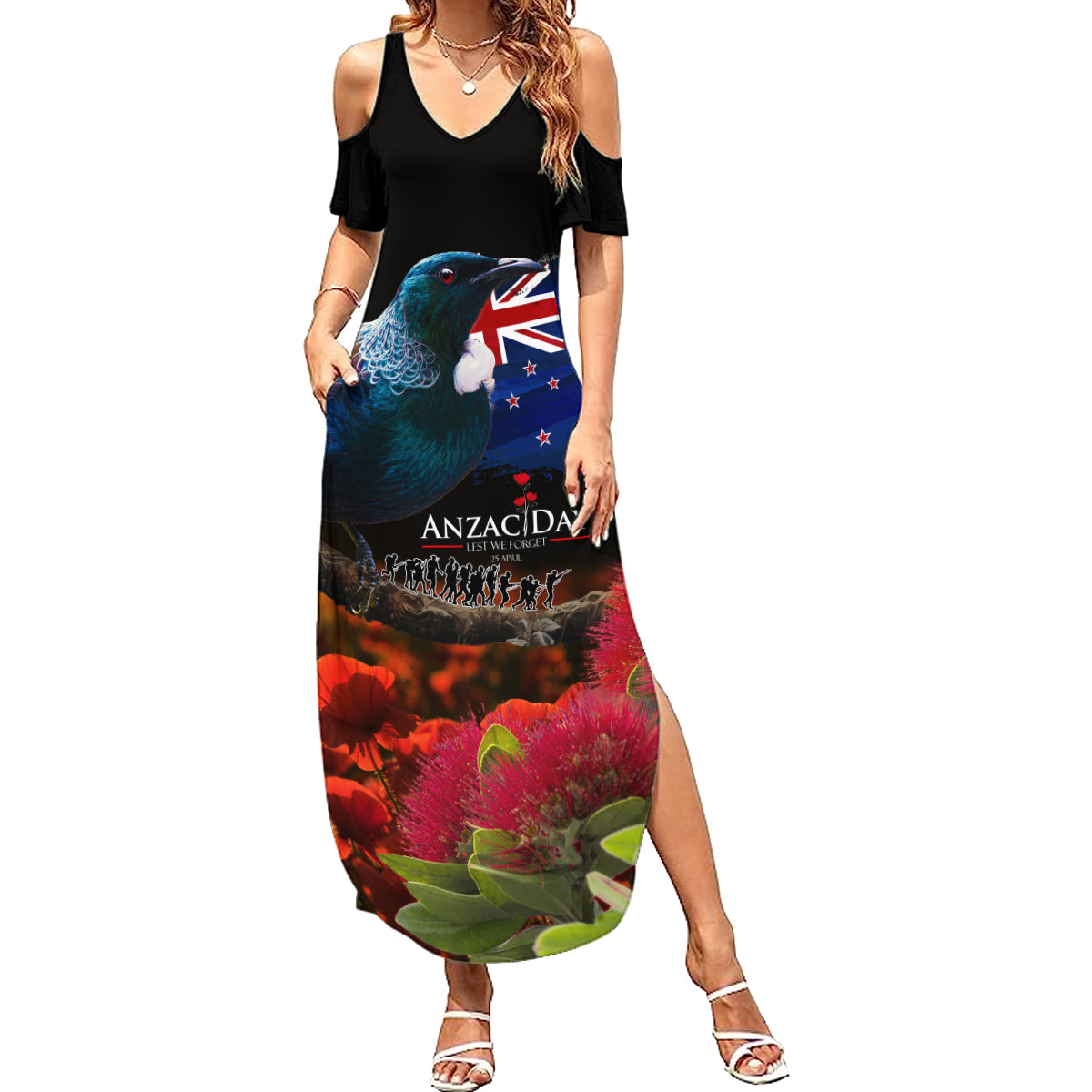 New Zealand ANZAC Day Summer Maxi Dress Pohutukawa Flower and Tui Bird LT03 Women Black - Polynesian Pride