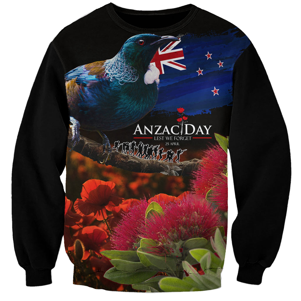 New Zealand ANZAC Day Sweatshirt Pohutukawa Flower and Tui Bird LT03 Unisex Black - Polynesian Pride
