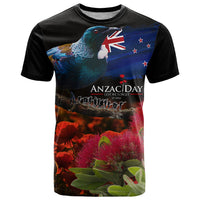 New Zealand ANZAC Day T Shirt Pohutukawa Flower and Tui Bird LT03 Black - Polynesian Pride