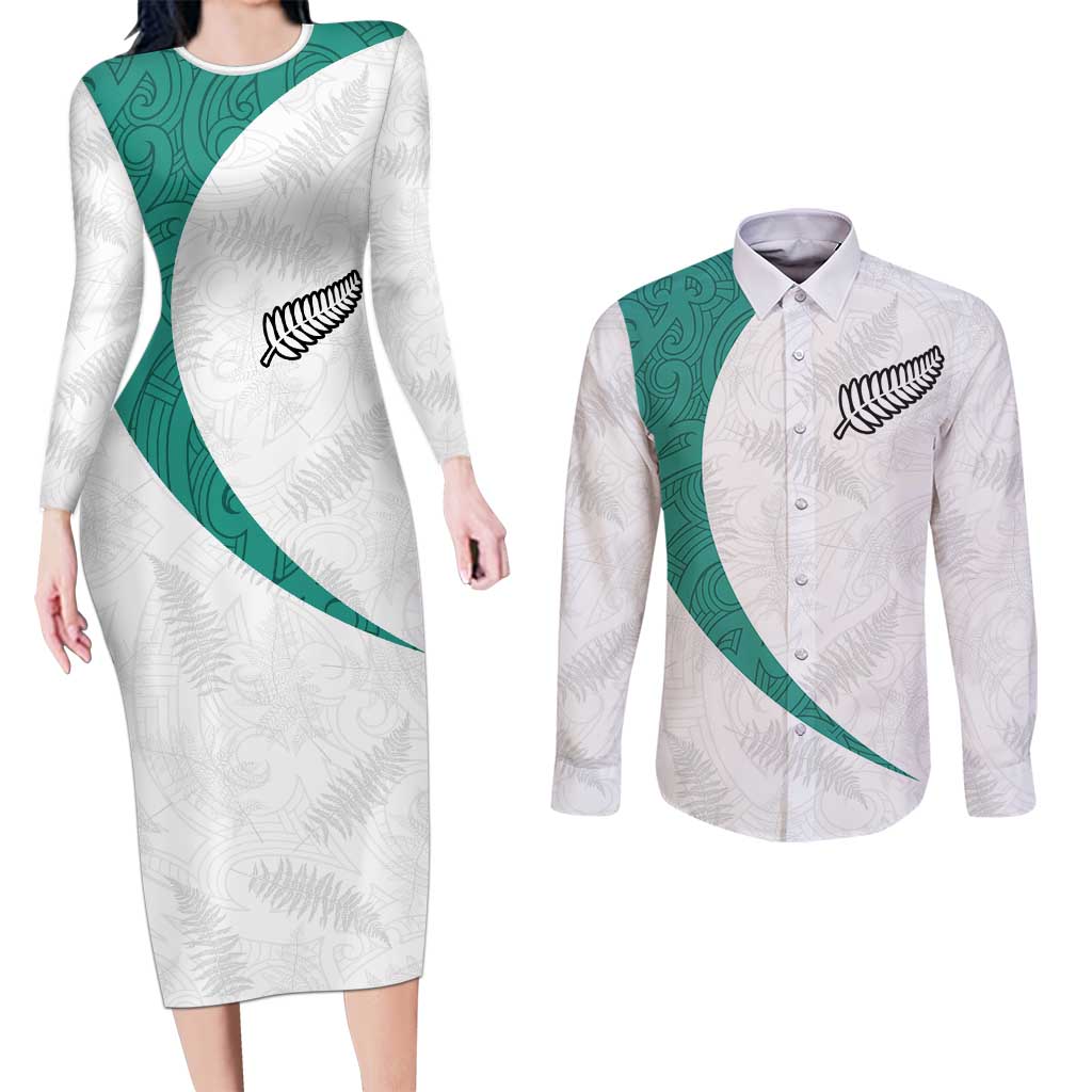 Custom New Zealand Football Couples Matching Long Sleeve Bodycon Dress and Long Sleeve Button Shirt Go All Silver Ferns - Towards World Cup 2026 LT03 White - Polynesian Pride