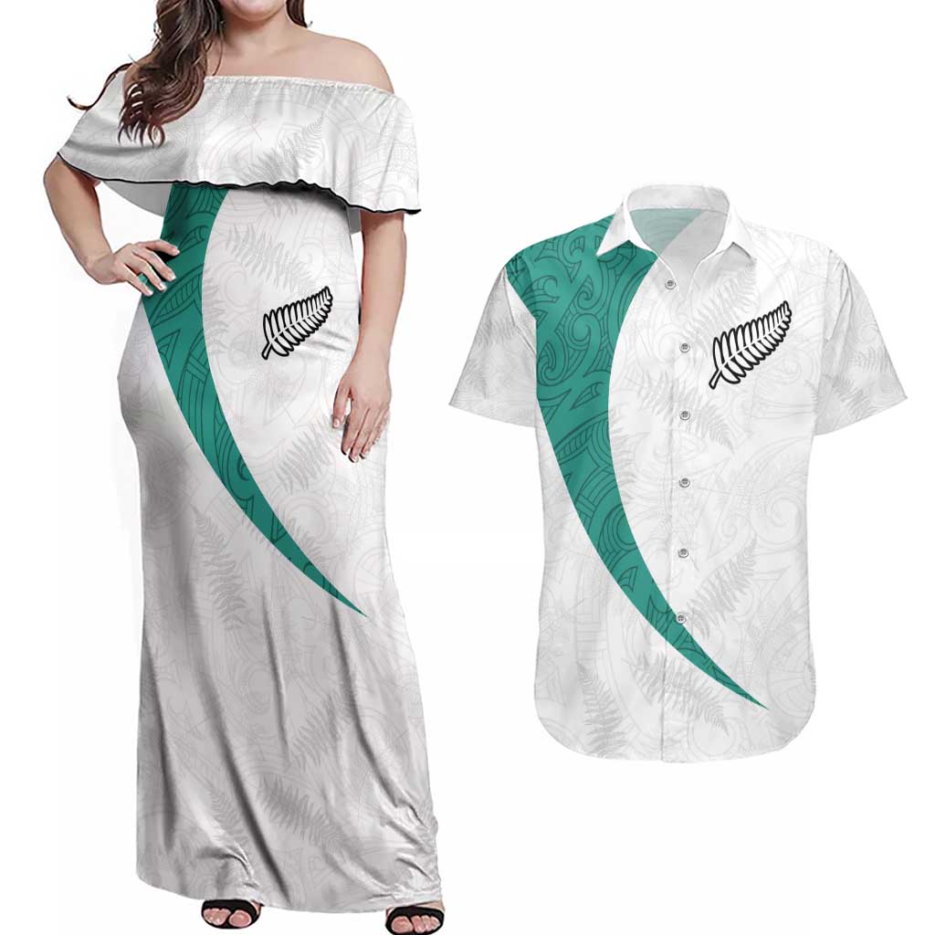 Custom New Zealand Football Couples Matching Off Shoulder Maxi Dress and Hawaiian Shirt Go All Silver Ferns - Towards World Cup 2026 LT03 White - Polynesian Pride