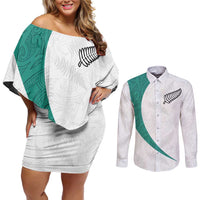 Custom New Zealand Football Couples Matching Off Shoulder Short Dress and Long Sleeve Button Shirt Go All Silver Ferns - Towards World Cup 2026 LT03 White - Polynesian Pride