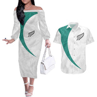 Custom New Zealand Football Couples Matching Off The Shoulder Long Sleeve Dress and Hawaiian Shirt Go All Silver Ferns - Towards World Cup 2026 LT03 White - Polynesian Pride