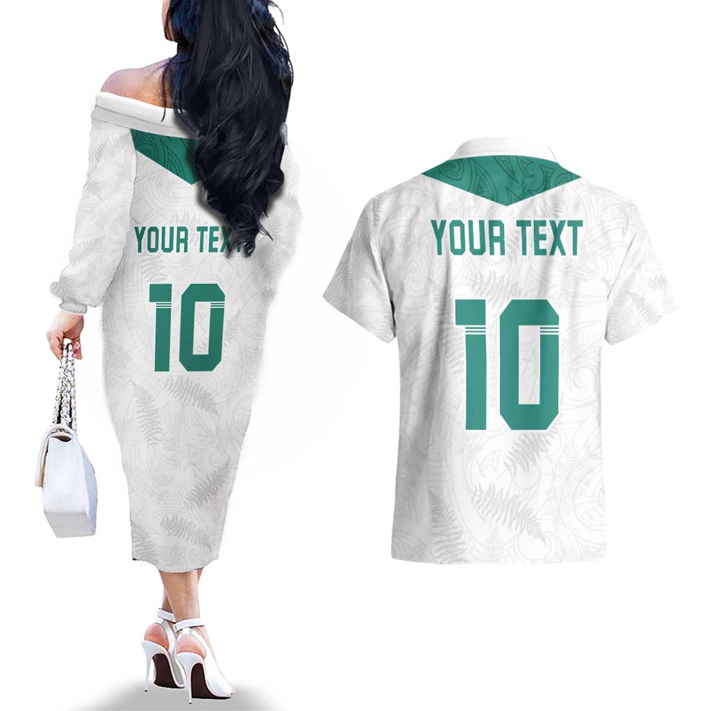 Custom New Zealand Football Couples Matching Off The Shoulder Long Sleeve Dress and Hawaiian Shirt Go All Silver Ferns - Towards World Cup 2026 LT03 - Polynesian Pride