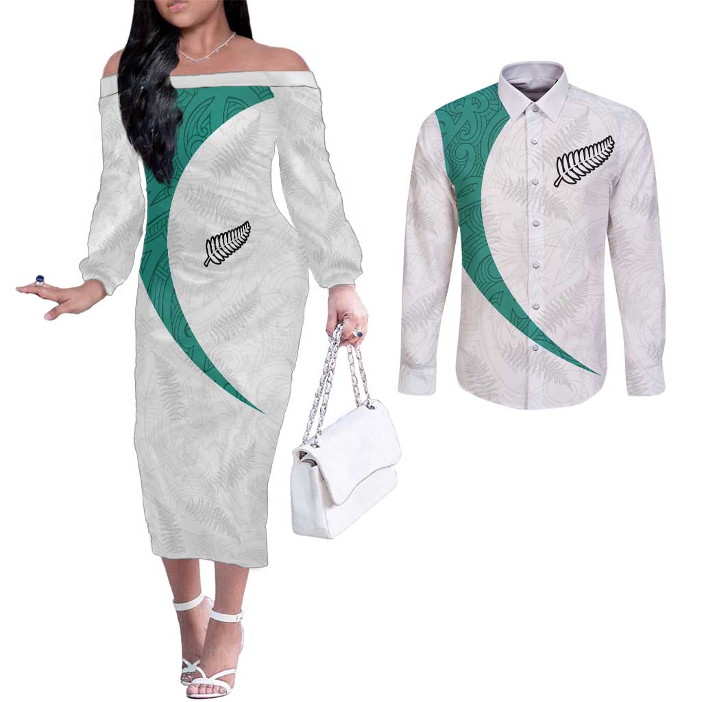Custom New Zealand Football Couples Matching Off The Shoulder Long Sleeve Dress and Long Sleeve Button Shirt Go All Silver Ferns - Towards World Cup 2026 LT03 White - Polynesian Pride