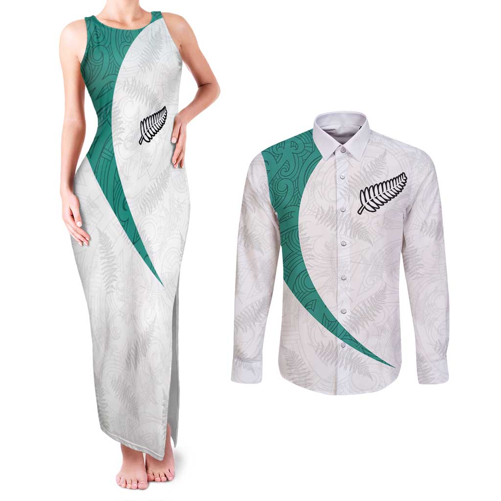 Custom New Zealand Football Couples Matching Tank Maxi Dress and Long Sleeve Button Shirt Go All Silver Ferns - Towards World Cup 2026 LT03 White - Polynesian Pride