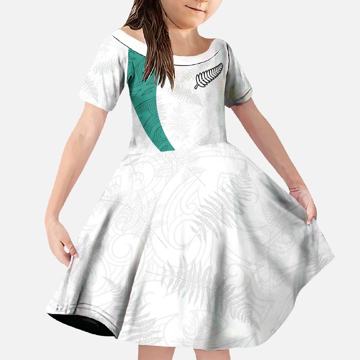Custom New Zealand Football Family Matching Off The Shoulder Long Sleeve Dress and Hawaiian Shirt Go All Silver Ferns - Towards World Cup 2026 LT03 Daughter's Dress White - Polynesian Pride