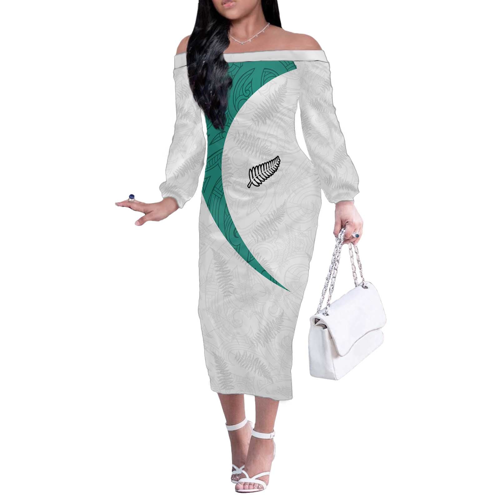 Custom New Zealand Football Off The Shoulder Long Sleeve Dress Go All Silver Ferns - Towards World Cup 2026