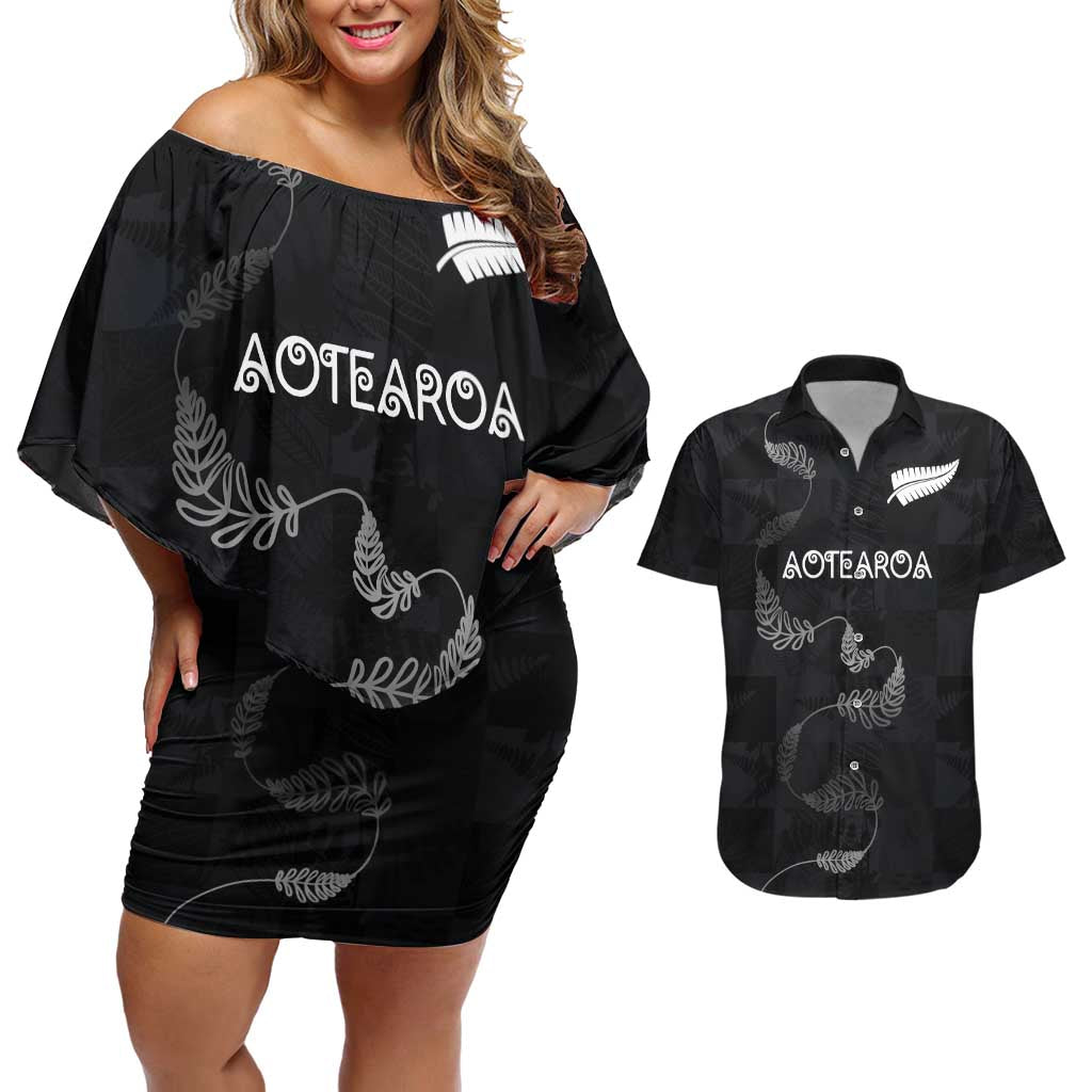 Custom New Zealand Rugby Couples Matching Off Shoulder Short Dress and Hawaiian Shirt All Silver Ferns Blacks