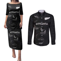 Custom New Zealand Rugby Couples Matching Puletasi and Long Sleeve Button Shirt All Silver Ferns Blacks