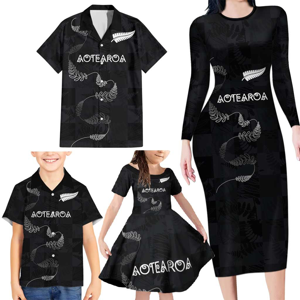 Custom New Zealand Rugby Family Matching Long Sleeve Bodycon Dress and Hawaiian Shirt All Silver Ferns Blacks