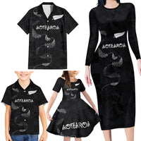 Custom New Zealand Rugby Family Matching Long Sleeve Bodycon Dress and Hawaiian Shirt All Silver Ferns Blacks