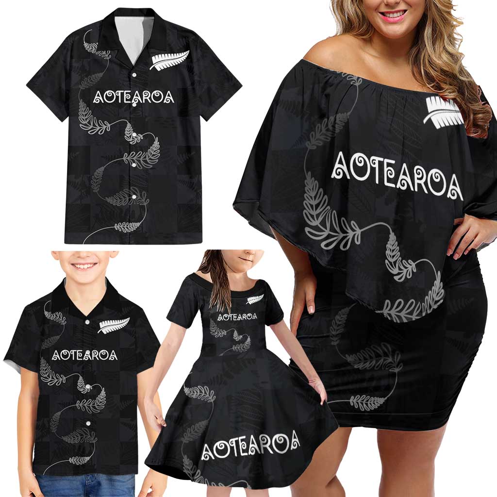 Custom New Zealand Rugby Family Matching Off Shoulder Short Dress and Hawaiian Shirt All Silver Ferns Blacks