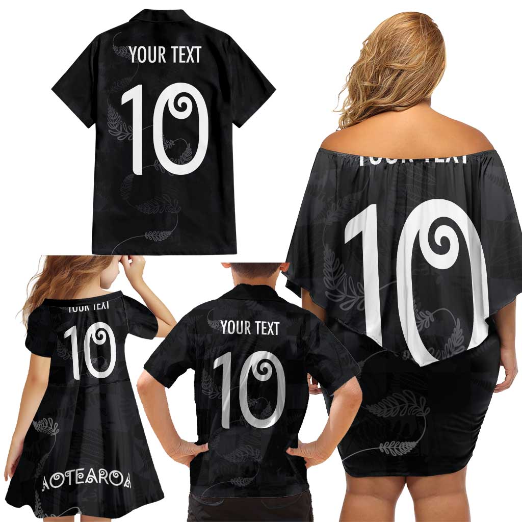 Custom New Zealand Rugby Family Matching Off Shoulder Short Dress and Hawaiian Shirt All Silver Ferns Blacks