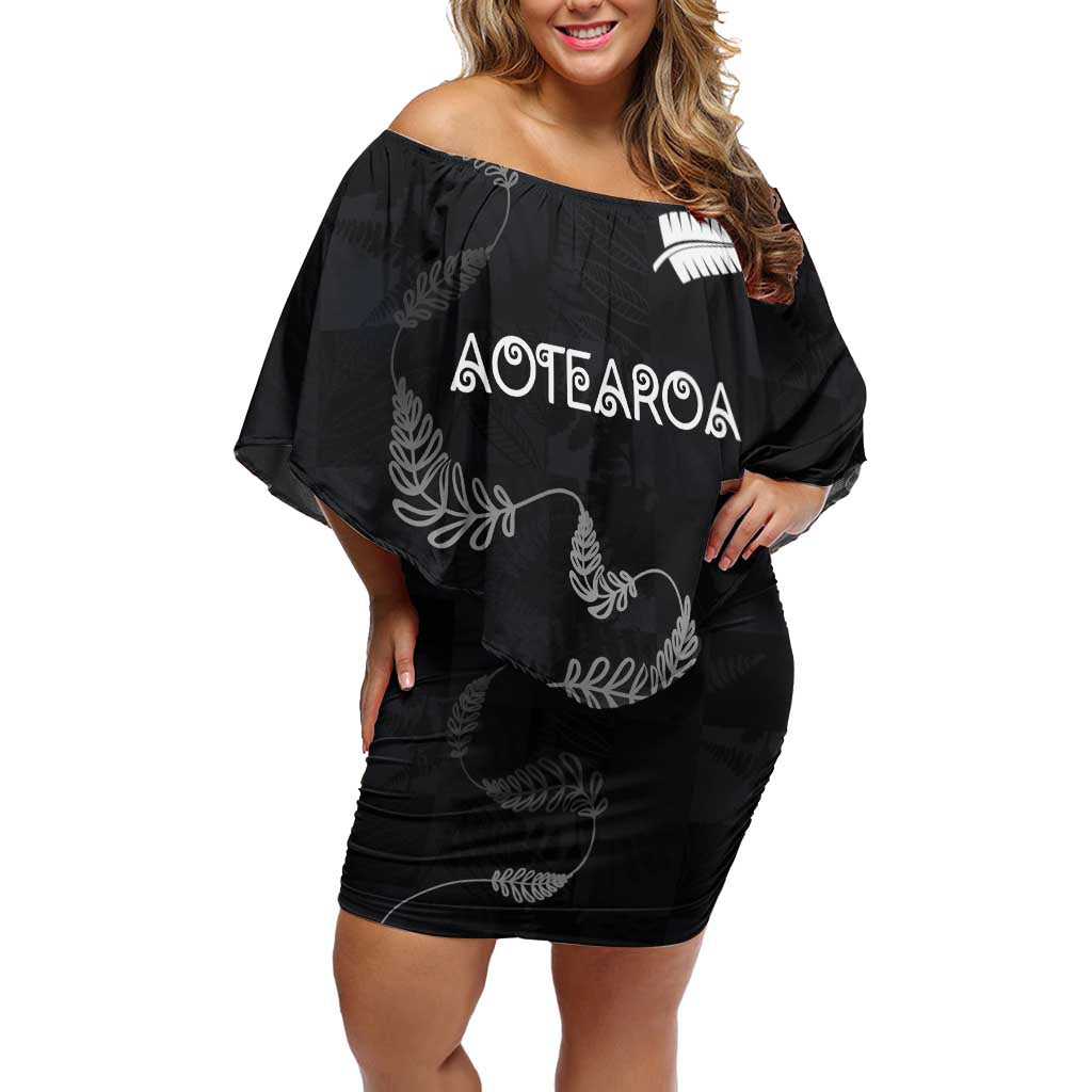 Custom New Zealand Rugby Family Matching Off Shoulder Short Dress and Hawaiian Shirt All Silver Ferns Blacks